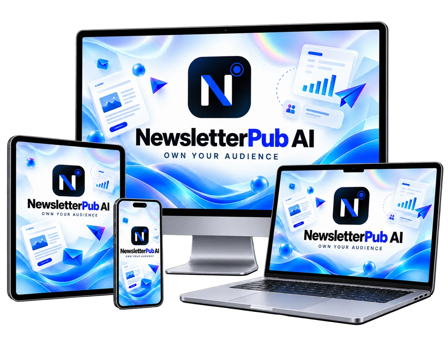 NewsletterPub AI on desktop, laptop, tablet and phone